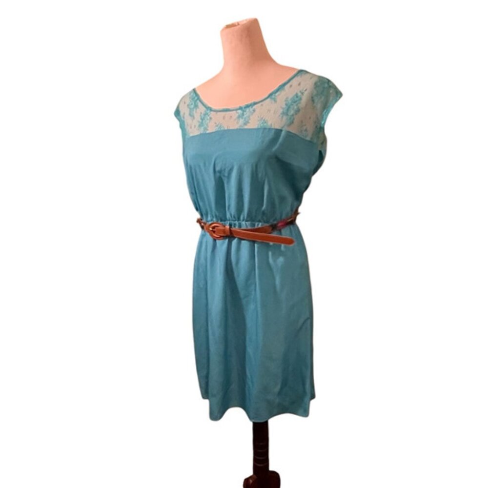 Blue lace top dress with peacock belt